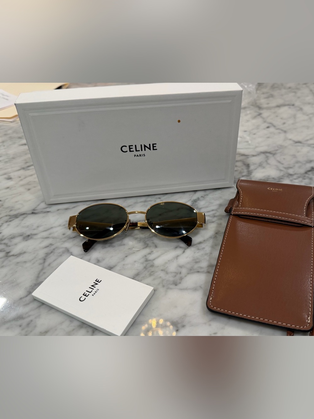 Celine Gold Sunglasses with Dark Green Lenses and Brown Case